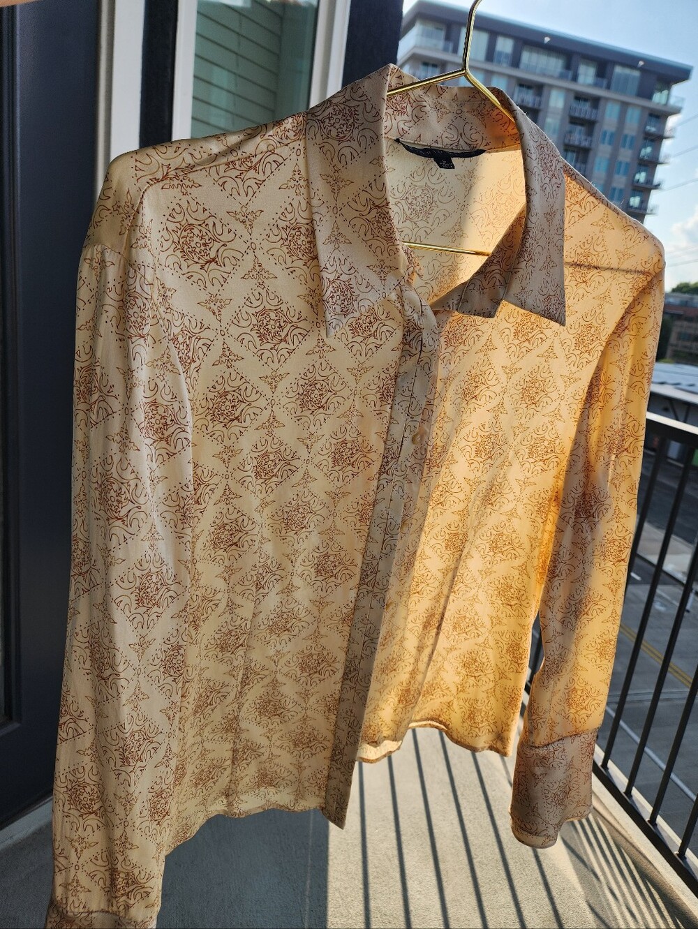 Silky Cream Button-Up Blouse with Brown Damask Print